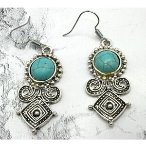 Silver Turquoise Dangle Earrings Boho Southwestern Ornate Drop